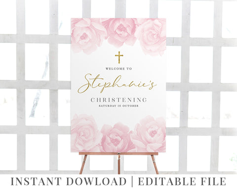 Christening Welcome Sign | Blush Pink Flowers | Baptism | Pink and Gold | Printable Welcome Sign | Editable Template | Stephanie