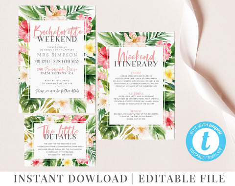 Printable Tropical Bachelorette Invitation, Bachelorette Weekend Itinerary, Editable template, Hens Weekend, Hens Party, Tropical Palm
