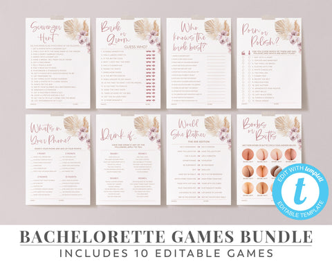 Bachelorette Games, Hens Night Games, Editable Games, Game Pack, Boho Floral Games, Scavenger Hunt | Bride or Groom Game | Pampas Grass