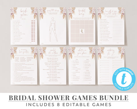Bridal Shower Games Bundle, Kitchen Tea Games, Editable, Game Pack, Boho Floral Games, Would She Rather | Bride or Groom | Pampas Grass
