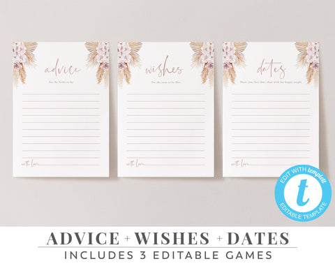 Floral Bridal Shower Games, Printable Advice Cards, Editable Advice, Bridal Shower Games, Wishes, Date Night Game | Boho Dried Flowers
