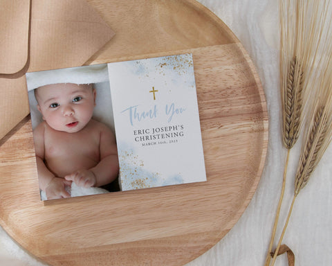 Thank You Card Template, Printable Thank You Card, Instant Download Thank You Cards, Christening Thank You, Blue Gold Baptism Thank You Card