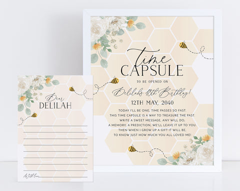 Bee Time Capsule, 1st Birthday Time Capsule Sign, Time Capsule Template, Honey Bee Birthday, Bee 1st Birthday, Editable Template 1st Bee Day