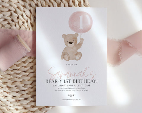 Bear Birthday Invitation, Bear-y First Birthday, Bear Balloons Invitation, 1st Birthday Girl, Teddy Bear Invitation, Printable Birthday Pink