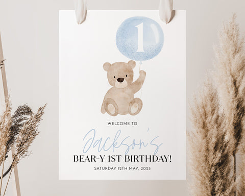 Bear Welcome Sign, Beary 1st Birthday Welcome Sign, Baby First Birthday, 1st Birthday Sign, Blue Bear Welcome Sign, Beary First Birthday