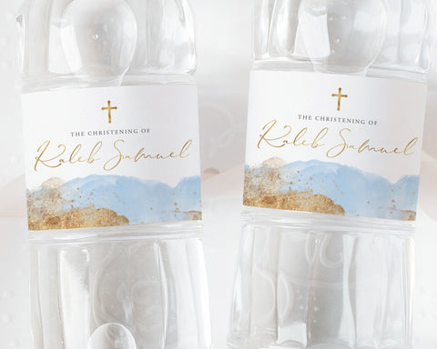 Baptism Water Bottle Label, Christening Water Label, Printable Water Bottle Label, Baptism Water Label Stickers, Blue and Gold Boys Baptism