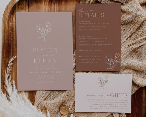 Minimalist Wedding Invitation Template Set, Botanical Floral Wedding Invitation Template Download, Editable Invitation Set Pink, Peyton