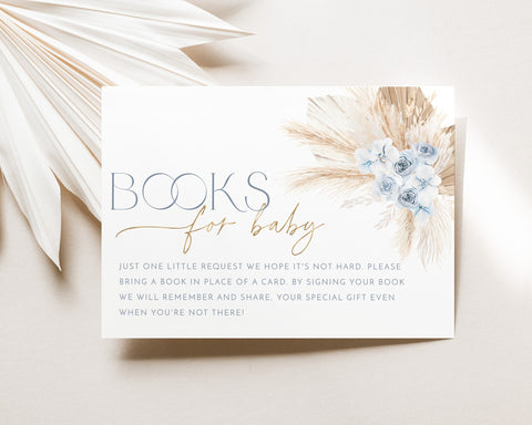 Boho Books For Baby Card Printable, Book Request Card, Blue Boho Baby Shower Book For Baby, Baby Shower Boy Blue, Boho Floral Books For Baby