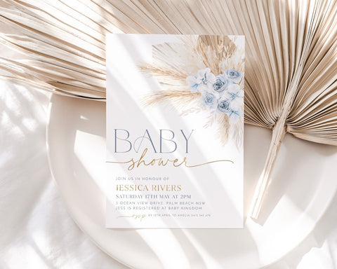 Blue Boho Baby Shower Invitation, Boy Baby Shower Invite, Blue Floral Baby Shower, Pampas Grass, Boho Boy Baby Shower, Baby Brunch Invite