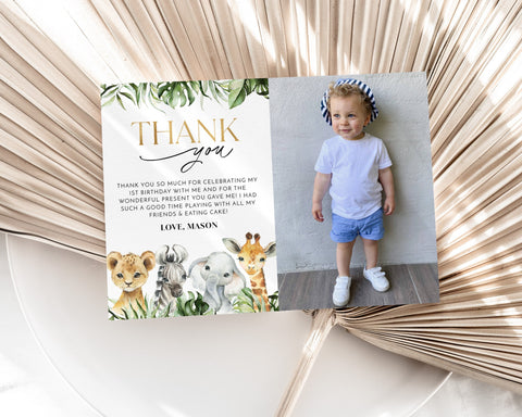 Wild One Birthday Thank You Card Template, Printable Thank You Card, Wild One Thank You Card Editable, Thank You Card Safari Animals Party