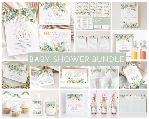 Greenery Baby Shower Invitation Bundle, Printable Baby Shower Invitation and Games, Editable Games, Eucalyptus Baby Shower Invitation Pack