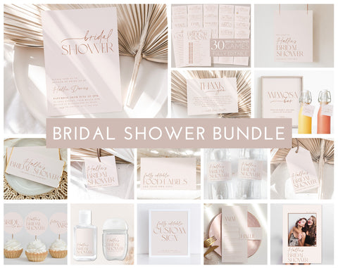 Neutral Bridal Shower Invitation Bundle, Minimal Bridal Shower Games Pack, Editable Games, Printable Modern Boho Bridal Shower Bundle Black