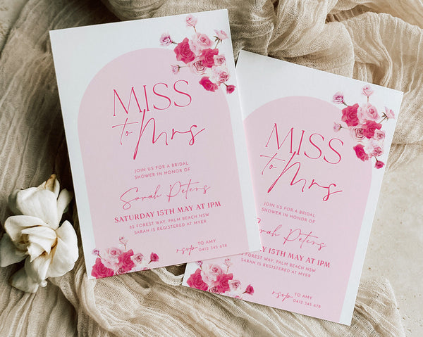 Bridal Shower Invitation, Hot Pink Roses, Bright Pink Invitation, Pink Floral Invitation, Miss to Mrs Invitation, Printable Template, Arch
