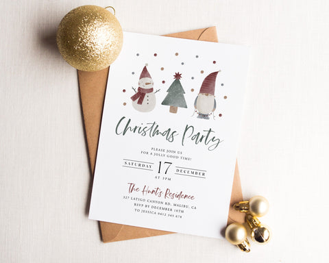 Cute Christmas Party Invitation, Holiday Party Invitation Template, Editable Christmas Invitation, Gnome, Snowman, Tree,