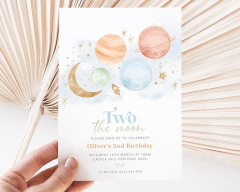 Two the Moon Birthday Invitation Template, 2nd Birthday Space Invitation, Two the Moon Space Invitation Boy, Printable Birthday Invitation