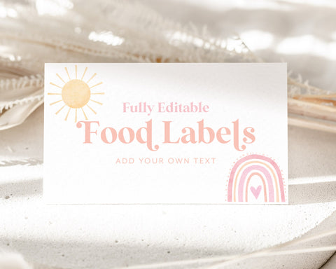 Rainbow Sun Food Labels, 1st Birthday Food Label Card, Food Tent Card, Birthday Food Tags, Folded Food Cards, Tented Food Labels, Rainbow
