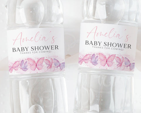 Butterfly Baby Shower Water Bottle Label, Butterfly Water Labels, Printable Water Bottle Label, Baby Shower Water Label Sticker, Pink Purple
