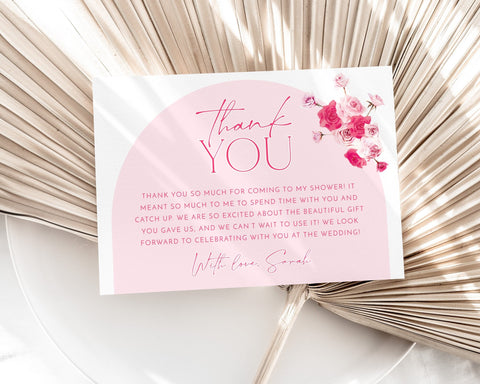 Pink Floral Thank You Card Template, Printable Thank You Card Instant Download Thank You Card, Bridal Shower Thank You, Pink Thank You Card
