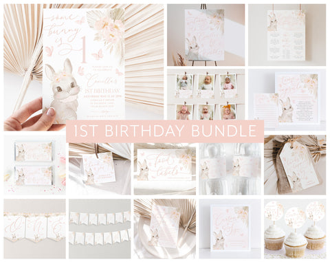 Some Bunny is One Birthday Invitation Bundle, Boho Bunny Invitation, 1st Birthday Girl, Boho Some Bunny First Birthday Decorations Printable