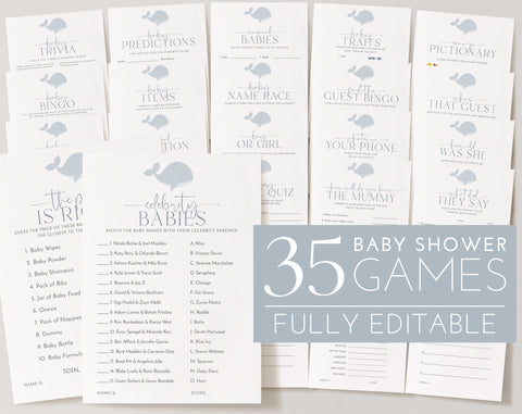 Whale Baby Shower Games, Editable Baby Shower Games, Printable Game, Boy Baby Shower Games Pack, Ocean Animals, Under the Sea Baby Shower
