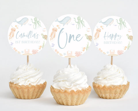 Under the Sea Cupcake Toppers, Oneder the Sea Cupcake Toppers, Printable Cupcake Toppers, Editable Cupcake Toppers, 1st Birthday Boy Sea