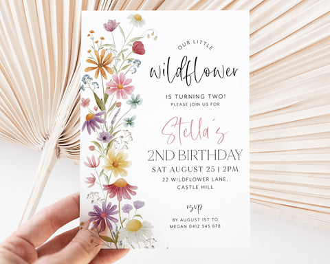 Wildflower Birthday Invitation, 2nd Birthday Invitation Girl, Girls Birthday Flower Invitation, 2nd Birthday Girl, Wildflower Birthday Pink