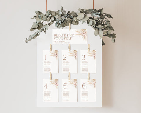 Wedding Seating Chart Card Template, Boho Floral Wedding Seating Cards, Minimal Seating Chart Cards, Table Number Seating Cards, Olive
