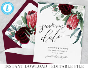 Floral Save the Date Template, Editable Wedding Save the Date, Burgundy Protea Save the Date, Editable Wedding Template, Adeline Suite