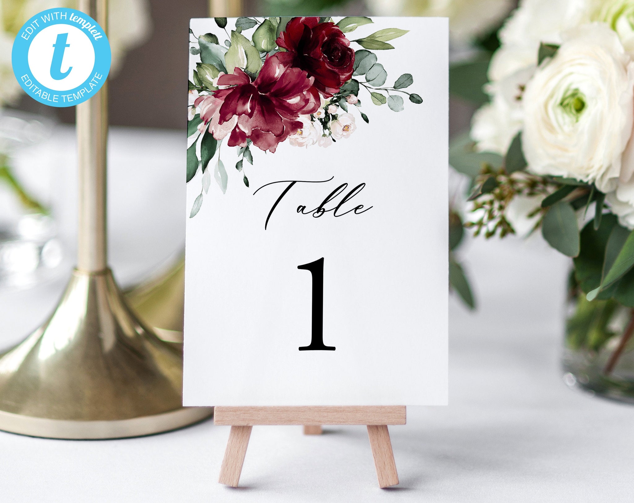 Floral Wedding Table Numbers, Editable Burgundy Floral Table Numbers, Reception Cards Template, 5x7, 4x6, Printable Wedding, Addison