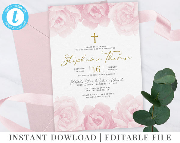Pink Floral Christening Invitation | Baptism Invitation | Light Pink Flowers | Gold | Printable Invitation | Editable Template | Stephanie