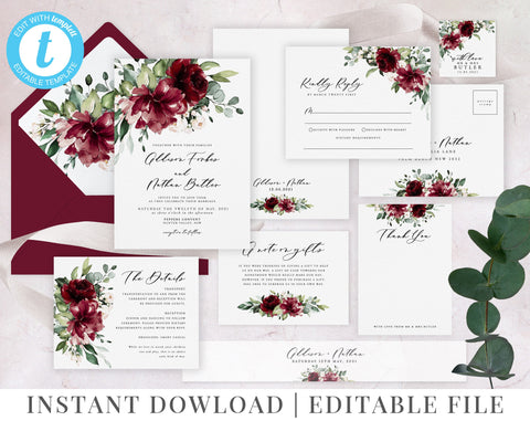 Floral Wedding Invitation Set, Burgundy Wedding Invitation Template Download, Marsala Flowers, Printable Invite, Editable Wedding, Addison