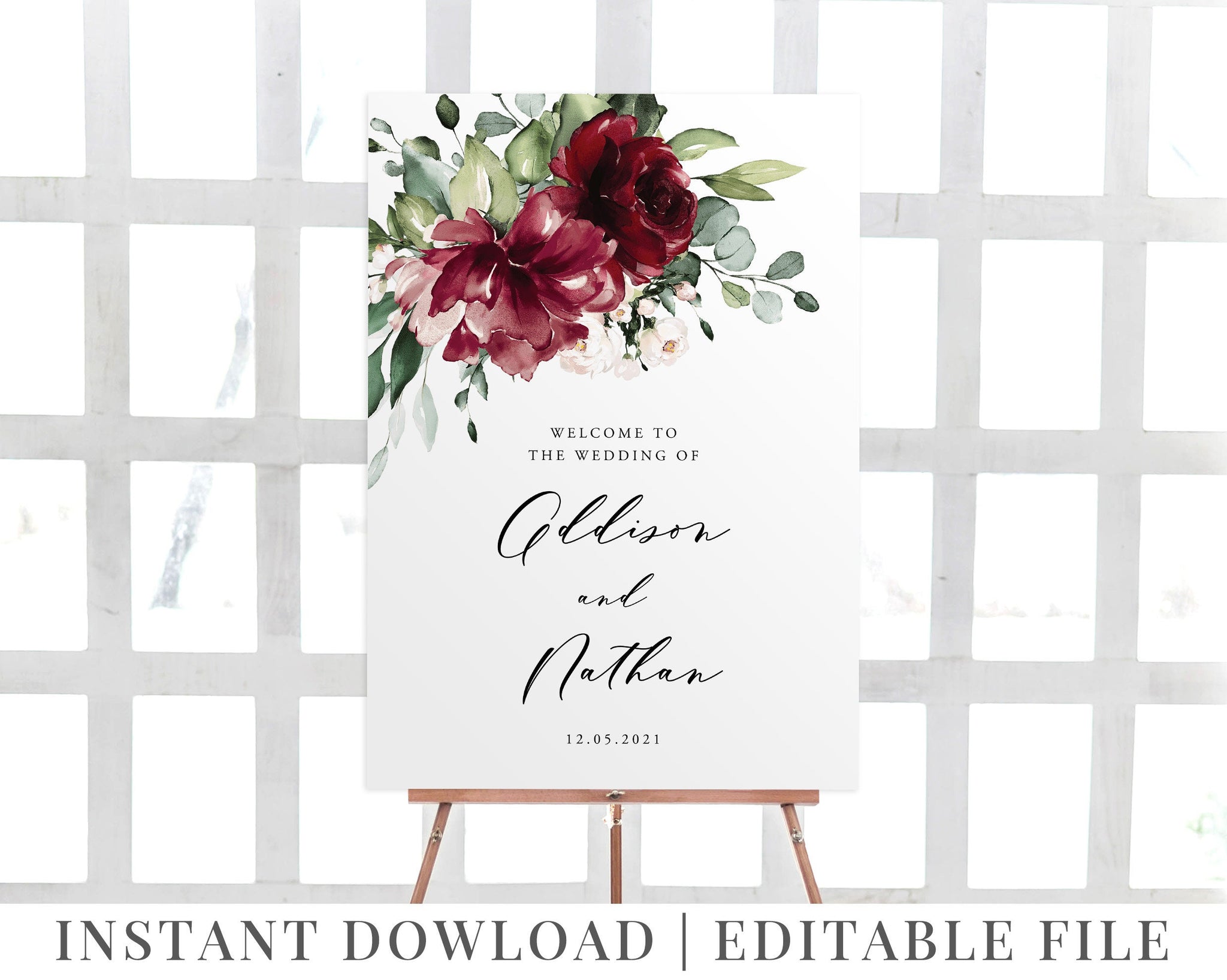Wedding Welcome Sign Template, Burgundy Floral Wedding Sign, Editable Welcome Sign, Marsala Flowers, Printable Welcome Sign, Addison
