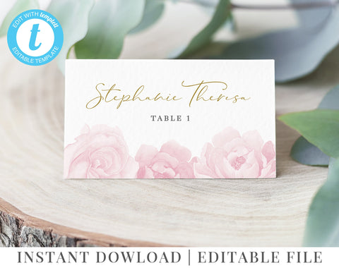 Christening Place Cards Template, Blush Pink Floral Name Cards, Editable Baptism Place Cards, Pink Flowers, Flat, Folded, Stephanie
