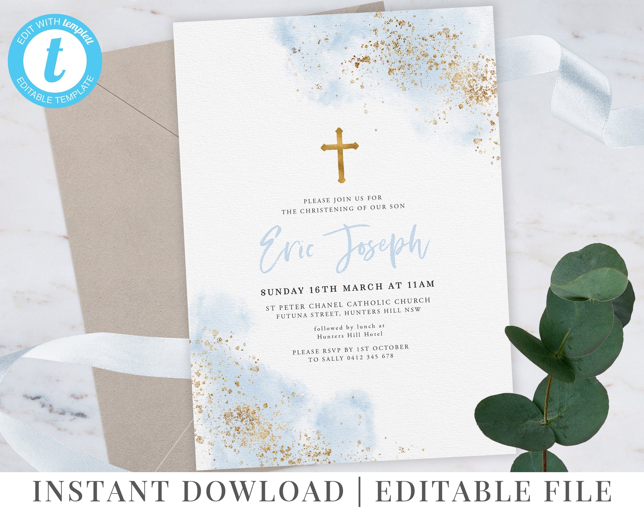 Blue Watercolour Christening Invitation | Baptism Invitation | Light Blue | Gold | Printable Invitation | Editable Template