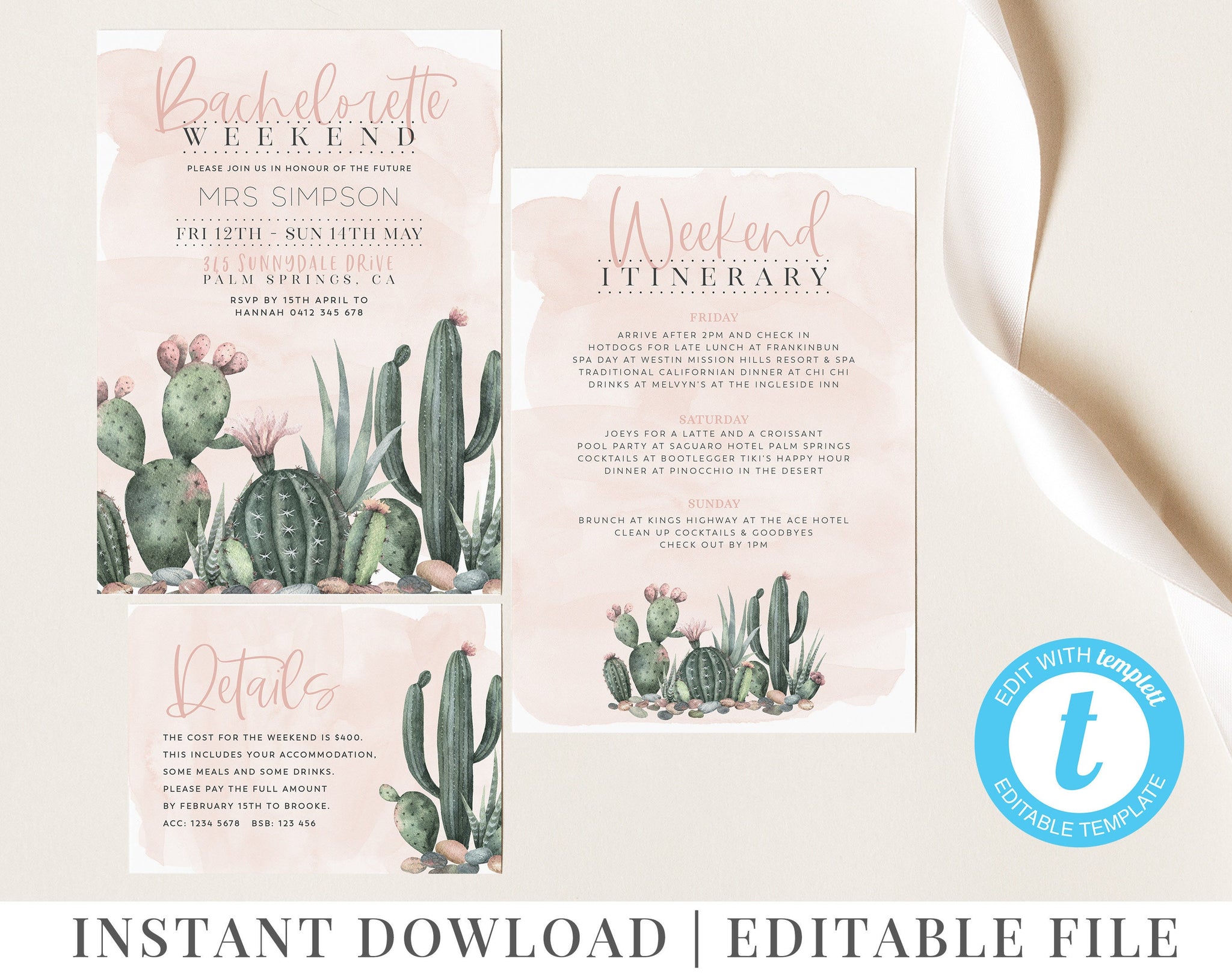 Printable Bachelorette Party Invitation, Bachelorette Weekend Itinerary Template, Cactus Invite, Palm Spring Template, Hens Itinerary Fiesta