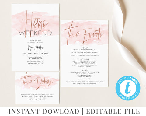 Printable Hens Party Invitation, Hens Weekend Template, Weekend Itinerary, Pink Watercolor, Rose Gold Foil, Hens Invitation Template