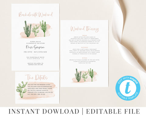 Cactus Bachelorette Party Invitations, Bachelorette Weekend Itinerary, Cactus Invite, Palm Springs Template, Hens Weekend, Hens Itinerary