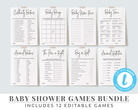 Baby Shower Games, Editable Games, Minimal Baby Shower Bundle, Printable Games, Baby Games Pack, Celebrity, Bingo, Trivia, Animals, BS07