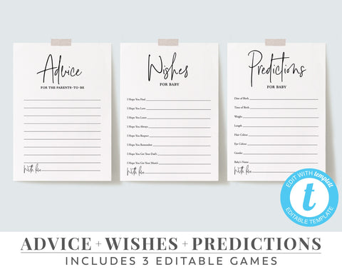 Baby Shower Games, Minimal Baby Shower, Advice Cards, Wishes, Predictions, Editable Games, Black and White Baby Shower Games, Neutral, BS07