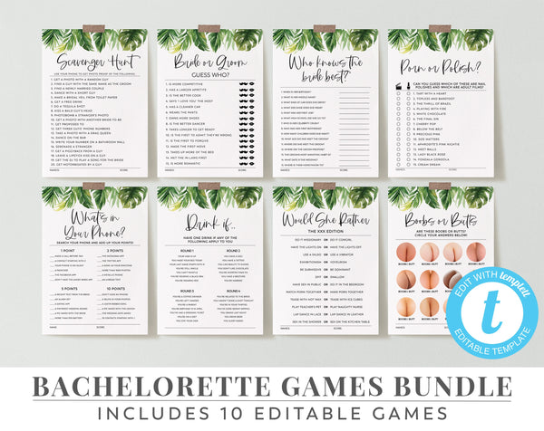 Tropical Bachelorette Games, Hens Games, Editable Games, Game Pack, Scavenger Hunt, Who Knows the Bride | Bride or Groom | Boob or Butt