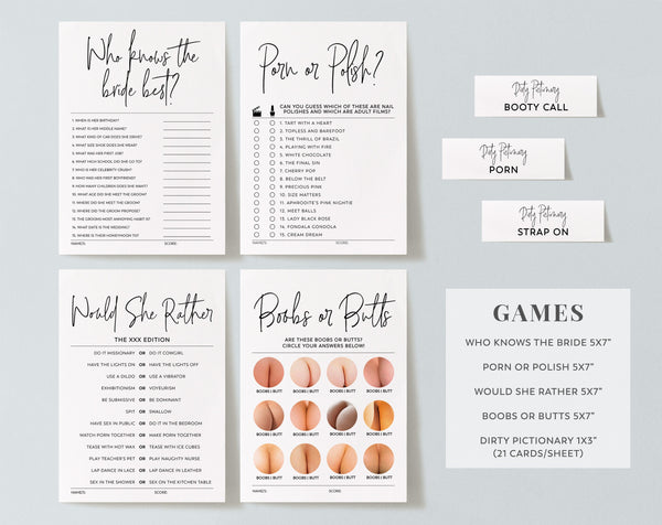 Bachelorette Games, Hens Night Games, Editable Games, Game Pack, How Well Do You Know The Bride, Bride or Groom | Scavenger Hunt | Porn