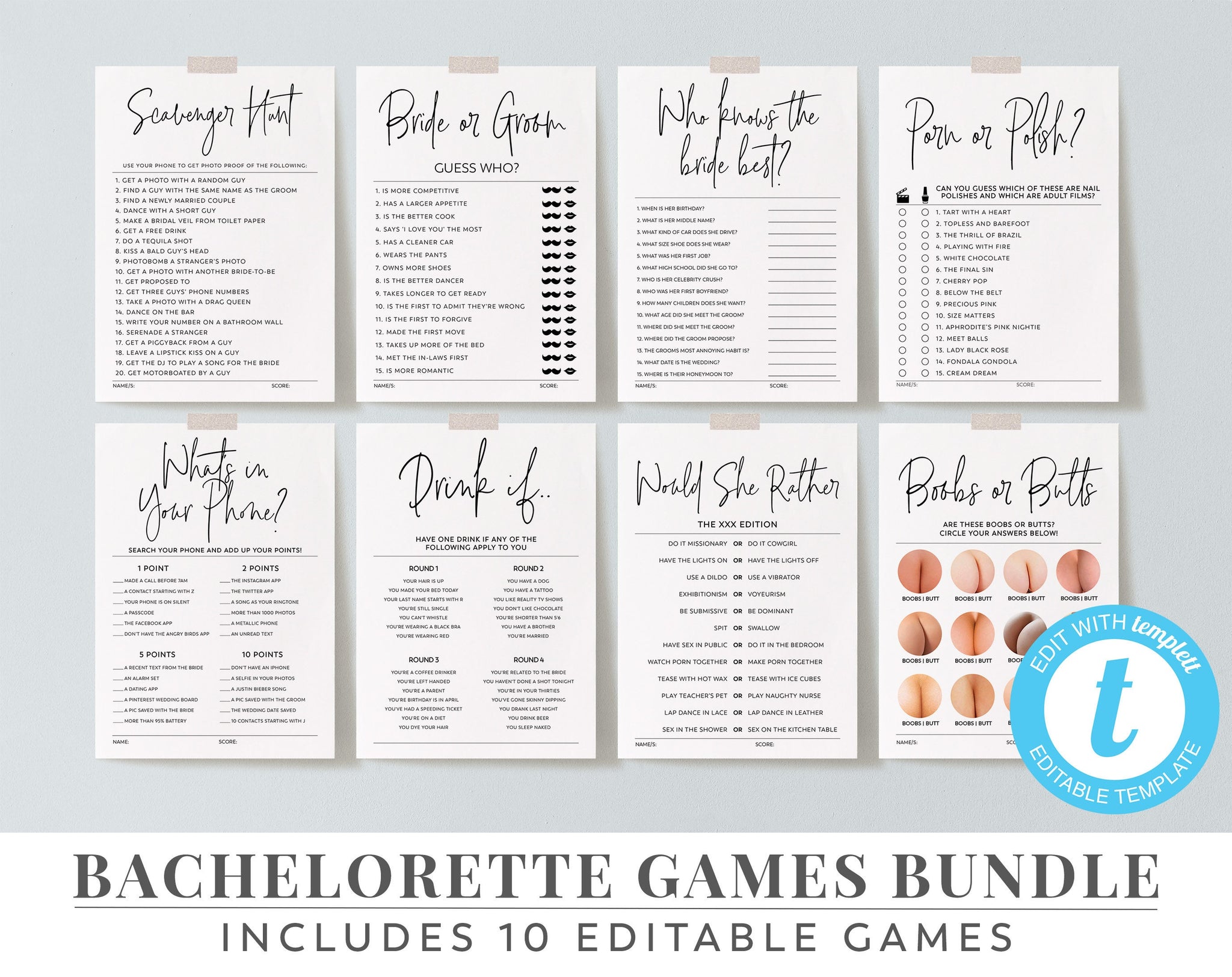 Bachelorette Games, Hens Night Games, Editable Games, Game Pack, How Well Do You Know The Bride, Bride or Groom | Scavenger Hunt | Porn