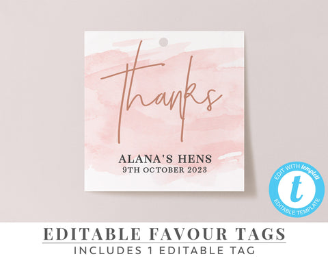 Printable Favour Tags, Editable Tags, Bachelorette Favor Tags, Hens Favour Tags, Bachelorette Tags, Pink and Rose Gold | Watercolour
