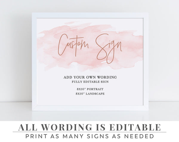 Editable Sign, 8x10, Pink Watercolour, Rose Gold, Landscape, Portrait | Printable | Editable Template | Hens Sign | Bachelorette Sign