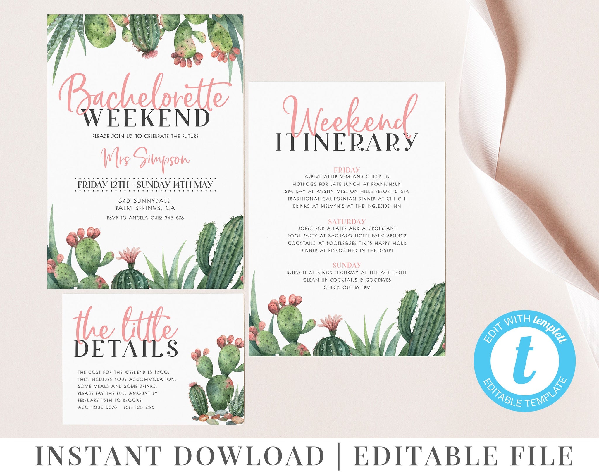 Cactus Bachelorette Party Invitation, Bachelorette Weekend Itinerary, Boho Cactus Invitation, Palm Spring Fiesta, Hen Weekend, Hen Itinerary