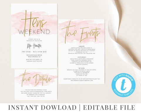 Hens Party Invitation, Pink Hens Weekend Template, Editable Hens Itinerary, Weekend Itinerary, Pink Watercolor, Gold Foil, Gold Hens Invite
