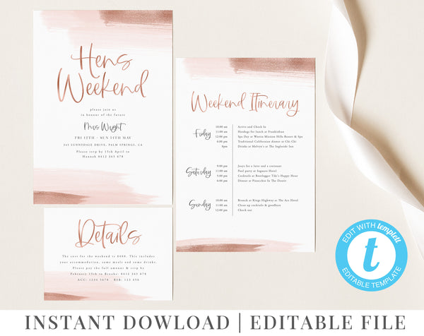 Printable Hens Party Invitation, Hens Weekend Invitation Itinerary, Details Card, Pink Watercolor, Rose Gold Foil, Bachelorette Invitation