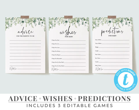 Baby Shower Games, Greenery Baby Shower, Printable Advice Cards, Wishes, Predictions, Editable Games, Eucalyptus Baby, Neutral, BS02