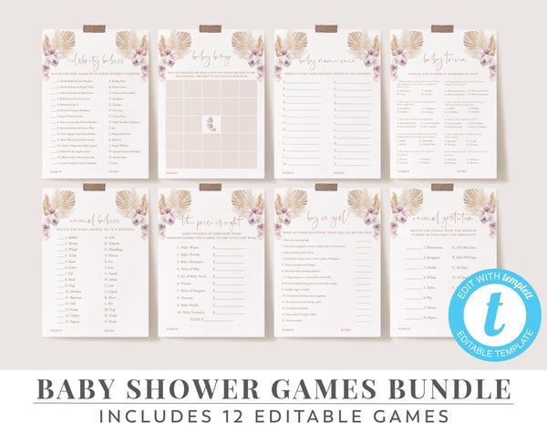 Baby Shower Games, Boho Baby Shower, Editable Games, Pampas Floral Baby Shower, Printable Baby Games Pack, Celebrity, Bingo, Trivia, BS05