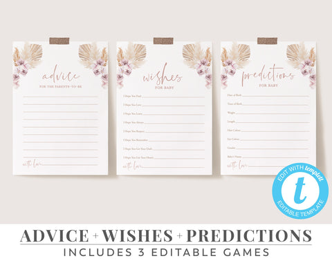 Baby Shower Games, Boho Baby Shower, Printable Advice Cards, Wishes, Predictions, Editable Games, Printable Boho Baby Shower Games, BS05
